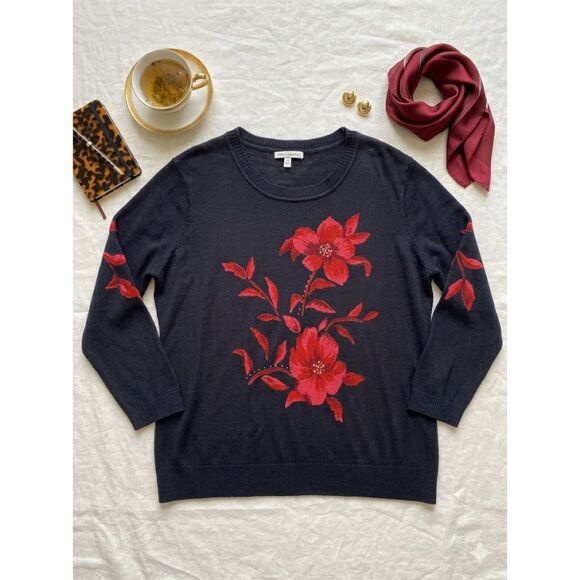 Cathy Daniels Sweaters - Emily Daniels Black Floral Knit 3/4 Sleeve Pullover Sweater XL Beautiful Classy